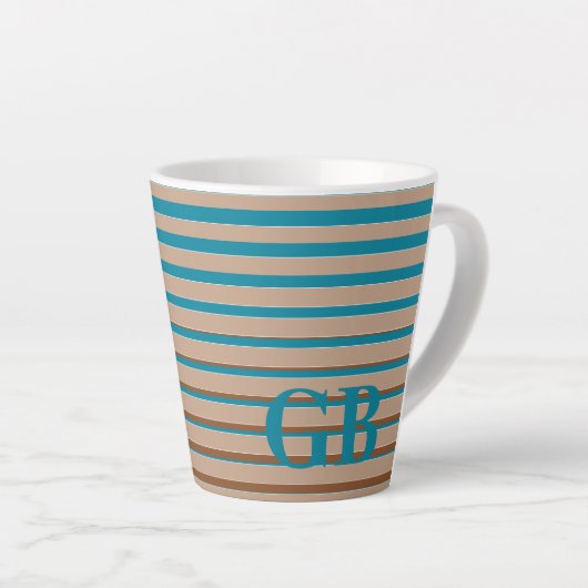 Cool Stripes Brown & Blue Monogramed Latte Mok (Rechterhoek)
