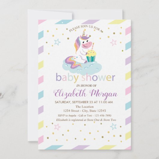 Cool Stripes Stars Unicorn Baby shower Invitation Kaart (Voorkant)