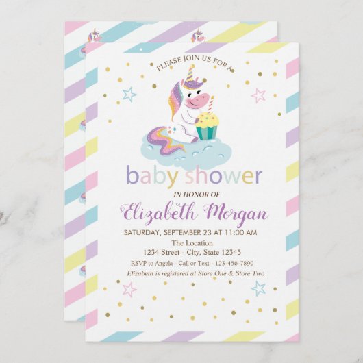 Cool Stripes Stars Unicorn Baby shower Invitation Kaart (Voorkant / Achterkant)