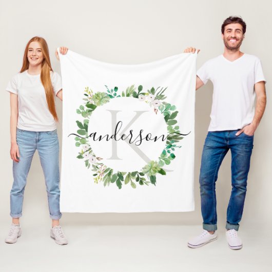 COOL SUCCULENT WREATH FOLIAGE WATERVERF MONOGRAM FLEECE DEKEN (In situ)