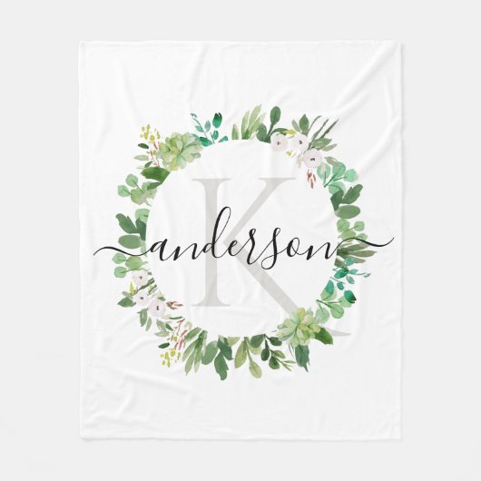 COOL SUCCULENT WREATH FOLIAGE WATERVERF MONOGRAM FLEECE DEKEN (Voorkant)