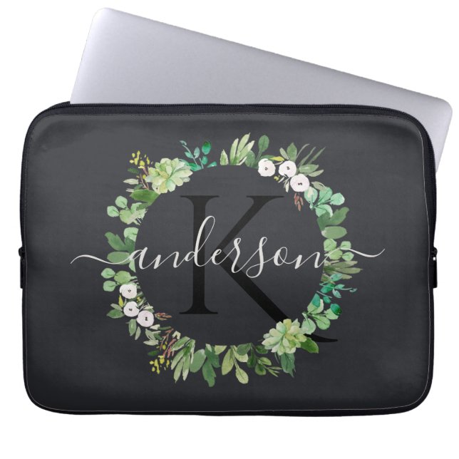COOL SUCCULENT WREATH FOLIAGE WATERVERF MONOGRAM LAPTOP SLEEVE (Voorkant)