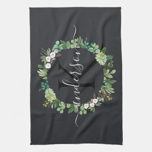 COOL SUCCULENT WREATH FOLIAGE WATERVERF MONOGRAM THEEDOEK (Verticaal)