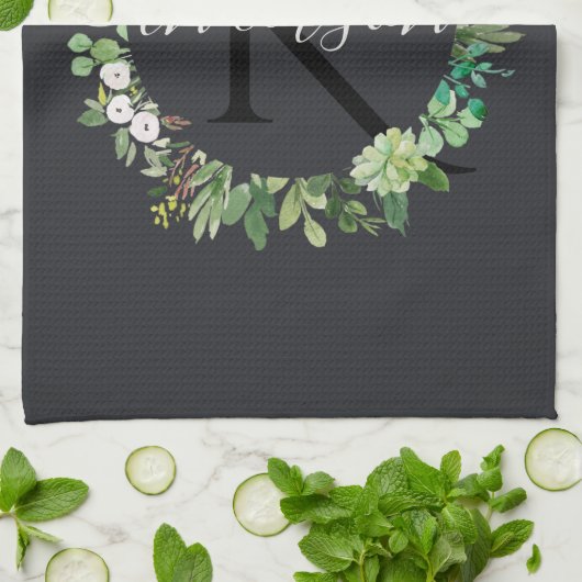 COOL SUCCULENT WREATH FOLIAGE WATERVERF MONOGRAM THEEDOEK (Gevouwen)