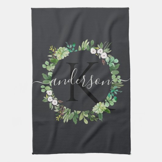 COOL SUCCULENT WREATH FOLIAGE WATERVERF MONOGRAM THEEDOEK (Verticaal)