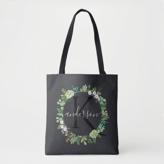 COOL SUCCULENT WREATH FOLIAGE WATERVERF MONOGRAM TOTE BAG (Voorkant)