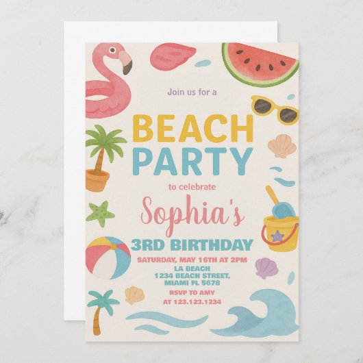 Cool Summer Beach Verjaardag Uitnodiging & Decor (Voorkant / Achterkant)