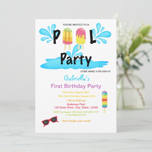 Cool Summer Sun Splash Pool First Birthday Kaart (Staand voorkant)