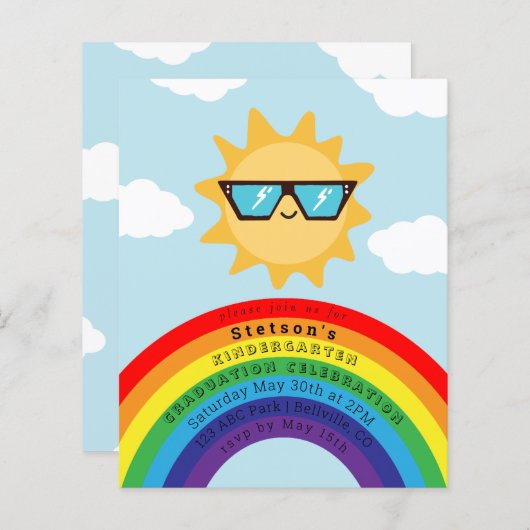 Cool Sun en Rainbow Budget Kinder Afstuderen Invit (Voorkant / Achterkant)