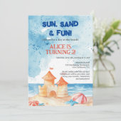 Cool Sun Fun Beach Party Zandkasteel Kids Verjaard Kaart (Staand voorkant)