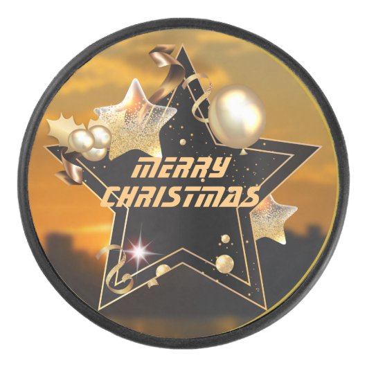 Cool Sunrise Gold Black Metallic Stars Merry Xmas Hockey Puck (Voorkant)