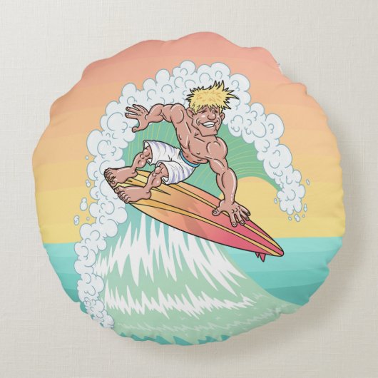 Cool Sunset Surfer Rond Kussen (Achterkant)