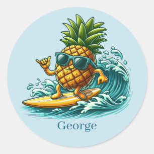 Cool surfen ananas naam toevoegen ronde sticker