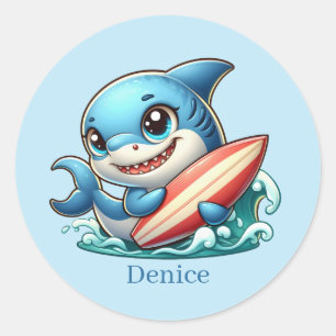 Cool surfen haai naam toevoegen Classic Ronde Stic Sticker