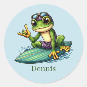 Cool surfen kikker naam toevoegen ronde sticker