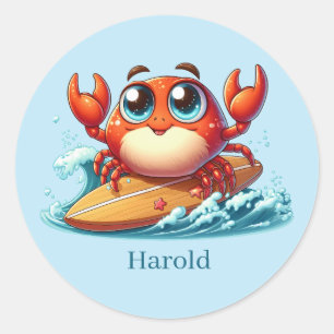 Cool surfen krab naam toevoegen ronde sticker