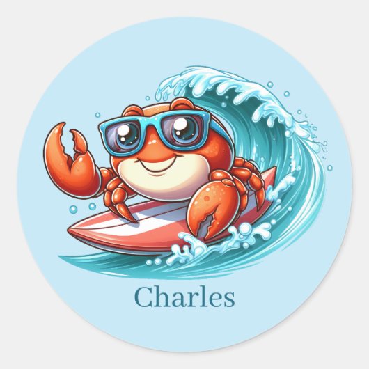 Cool surfen krab naam toevoegen ronde sticker (Voorkant)