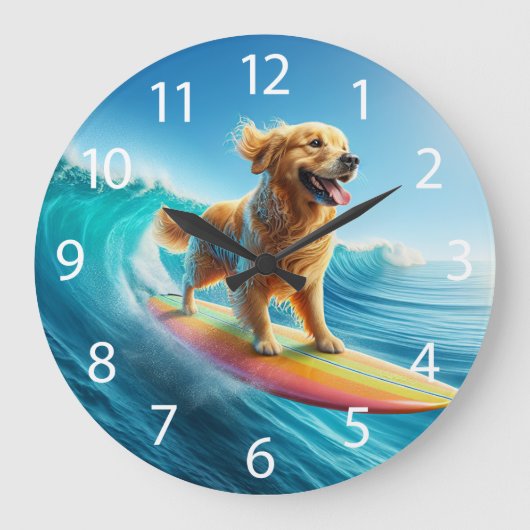 Cool Surfing Golden Retriever Grote Klok (Voorkant)