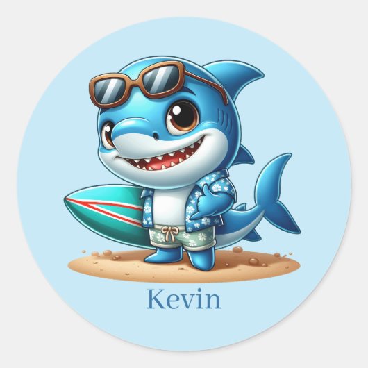 Cool surfing shark naam toevoegen ronde sticker (Voorkant)