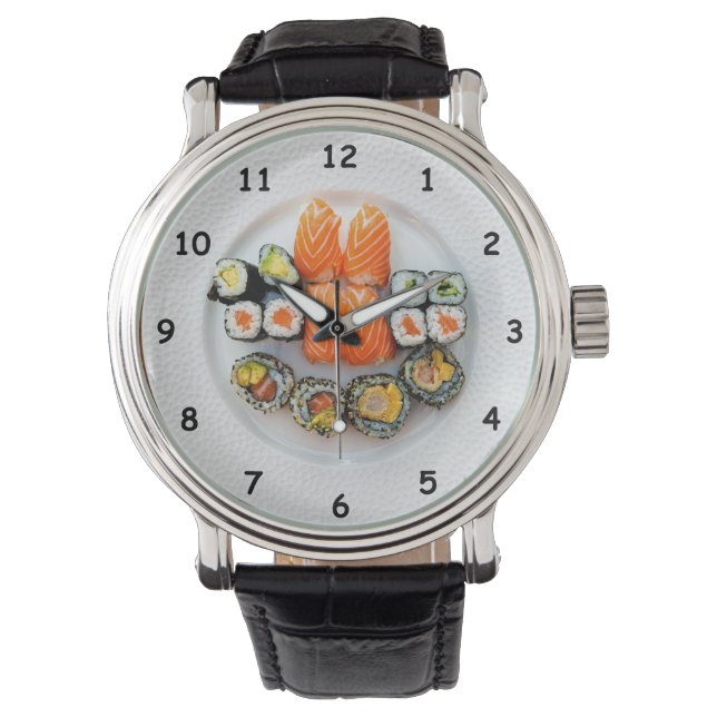 Cool Sushi en zalm op een wit Bord Horloge (Voorkant)