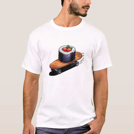 Cool Sushi op een Skateboard T-Shirt Design. (Voorkant)