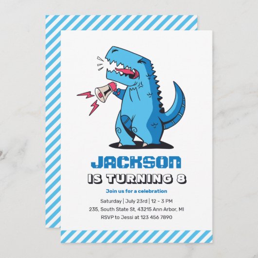 Cool T-Rex Cartoon Blue Dinosaur kinderen Birthday Kaart (Voorkant / Achterkant)