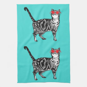 Cool Tabby Cat Sunglazen Aqua Kitchen Tea Towel Theedoek