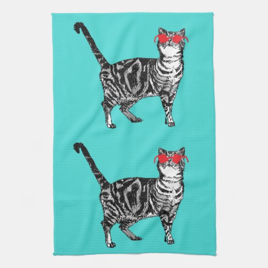 Cool Tabby Cat Sunglazen Aqua Kitchen Tea Towel Theedoek (Verticaal)