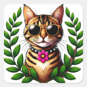 Cool Tabby Kat Met Zonnebril En Bloemen 🐱 Vierkante Sticker