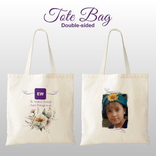 Cool Tante voeg foto initialen floral paarse Tote Bag