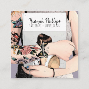 Cool tattoo girl illustratie trendy script paars vierkante visitekaartje
