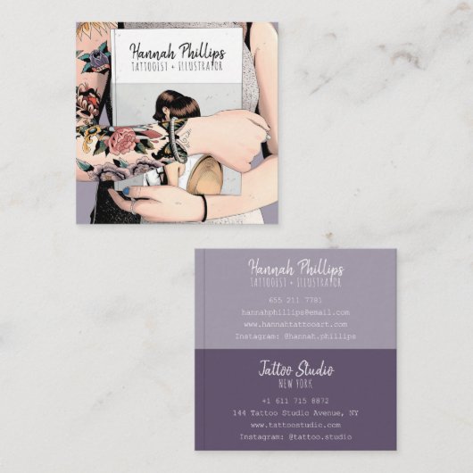 Cool tattoo girl illustratie trendy script paars vierkante visitekaartje (Voorkant / Achterkant)