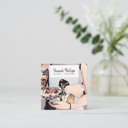 Cool tattoo girl illustratie trendy script paars vierkante visitekaartje (Staand voorkant)
