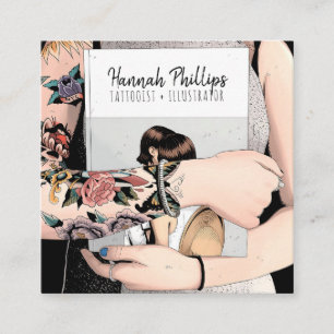 Cool tattoo girl illustratie trendy script zwart vierkante visitekaartje
