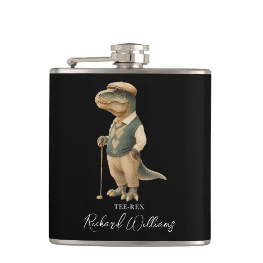 Cool Tee-Rex Golfer Dinosaur Handtekening Naam Heupfles (Voorkant)