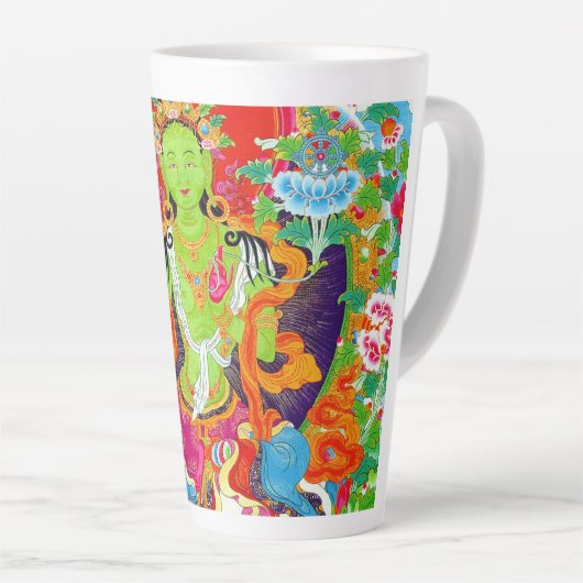 Cool tibetan thangka groene tara god tattoo vibrer latte mok (Rechterhoek)