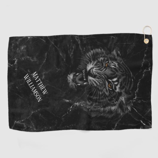 Cool Tiger Black Marble Background Monogram Golfhanddoek (Horizontaal)