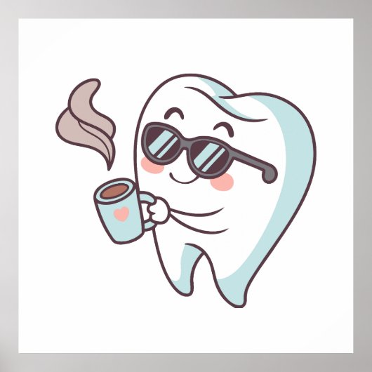 Cool Tooth Cartoon met zonnebril en koffie Poster (Voorkant)