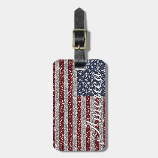 Cool trendy America flag shining faux glitter Bagagelabel (Voorkant verticaal)
