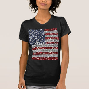 Cool trendy America flag shining faux glitter T-shirt