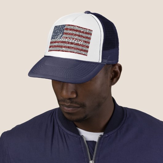 Cool trendy America flag shining faux glitter Trucker Pet (In situ)