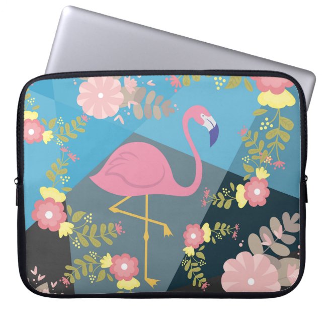 Cool Trendy Cous Cute Pink Girly Floral Flamingo Laptop Sleeve (Voorkant)