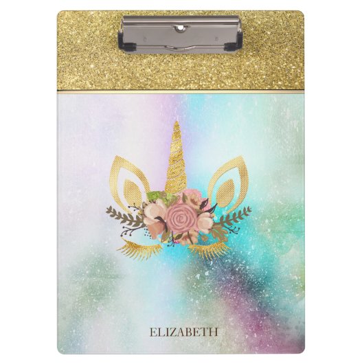 Cool Trendy Gold Glitter Unicorn Face-Personalized Klembord (Voorkant)