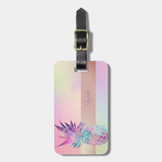 Cool Trendy Striped, Pineappel Holographic Bagagelabel (Voorkant verticaal)