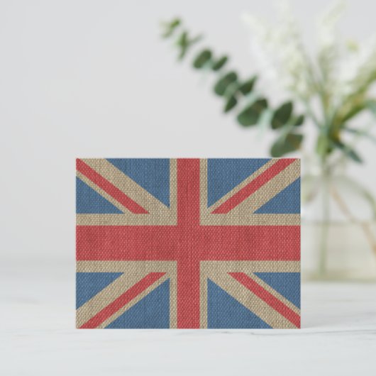 Cool trendy U.K. Union Jack Flag burlap textuur Briefkaart (Staand voorkant)