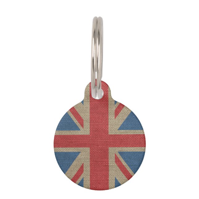 Cool trendy U.K. Union Jack Flag burlap textuur Huisdierpenning (Voorkant)