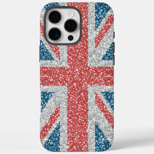 Cool trendy U.K. Union Jack vlag faux glitter iPhone 16 Pro Max Hoesje