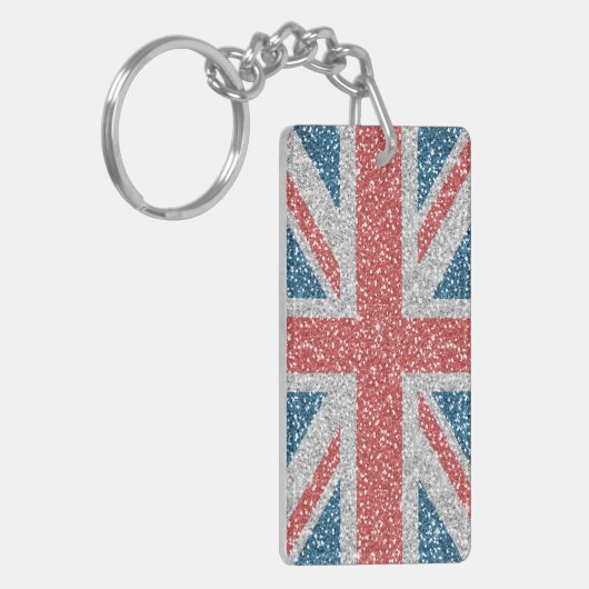 Cool trendy U.K. Union Jack vlag faux glitter Sleutelhanger (Voorkant Links)