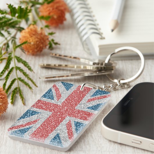 Cool trendy U.K. Union Jack vlag faux glitter Sleutelhanger (Voorkant Rechts)