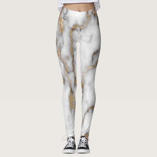 Cool Trendy White Gold Marble Pattern Leggings (Voorkant)